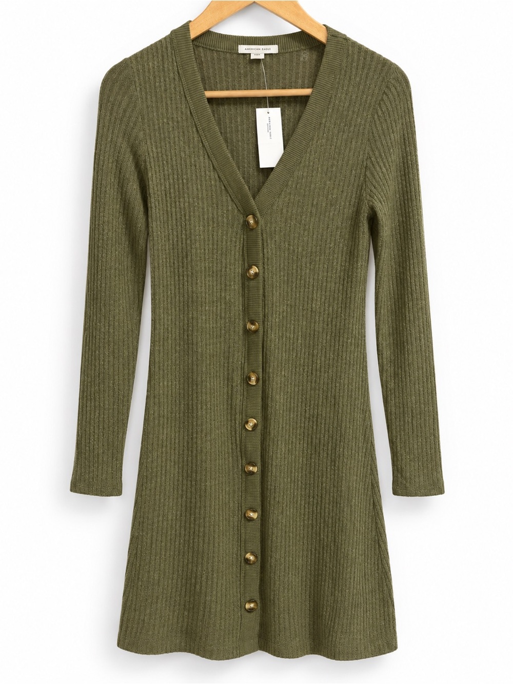 American Eagle | NWT Olive Green Ribbed Knit Button Front Mini Cardigan Dress S